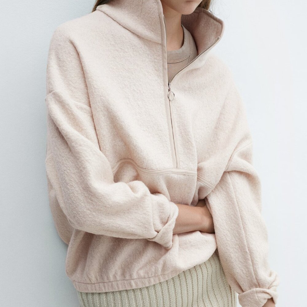 Mango Wool Sweatshirt Zip-neck Pullover Sweater Funnel Pastel Beige Sand Cream